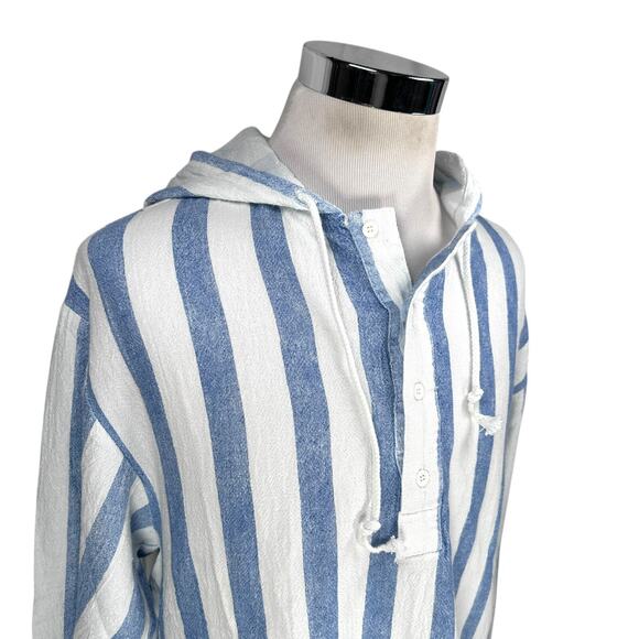 Vintage Active Culture Mix Shirt Men's Large Blue White Striped Cotton Hoodie - Picture 2 of 8